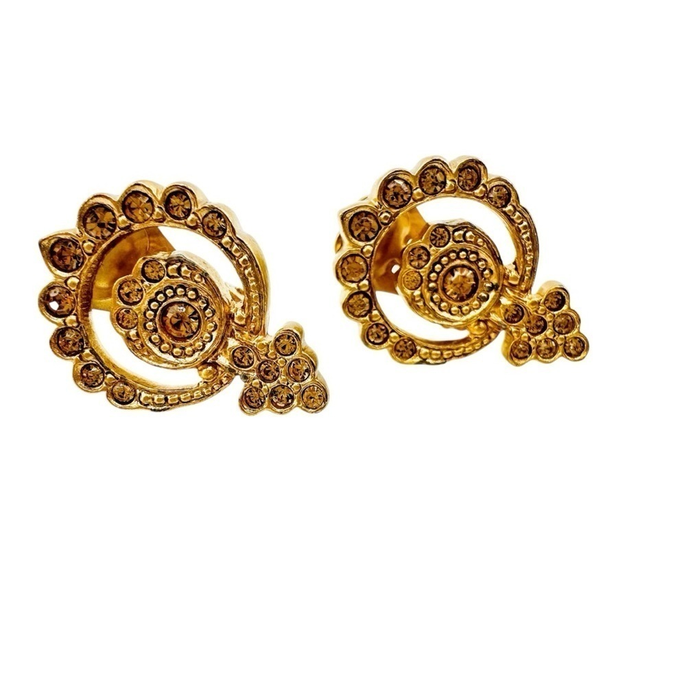 VTG Christian Dior Gold Tone Baroque Double Circles Filigree Clip Earrings - Picture 7 of 14